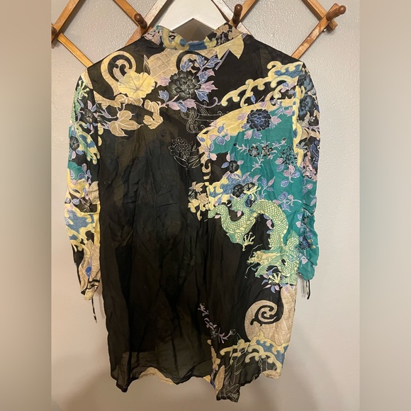 Citron Santa Monica cotton silk blend dragons print button down blouse - Picture 6 of 6